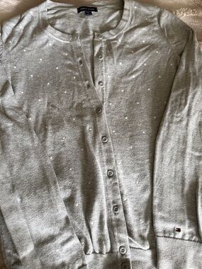 Tommy Hilfiger women’s medium gray cardigan with white polkadots great condition